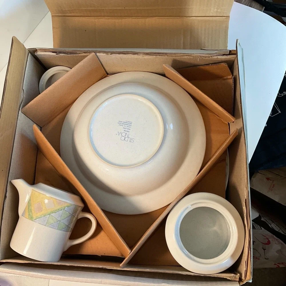 (5) Studio Nova Trivia Serving Set Creamer, Sugar, Platter,‎ Bowl Geometric NIB